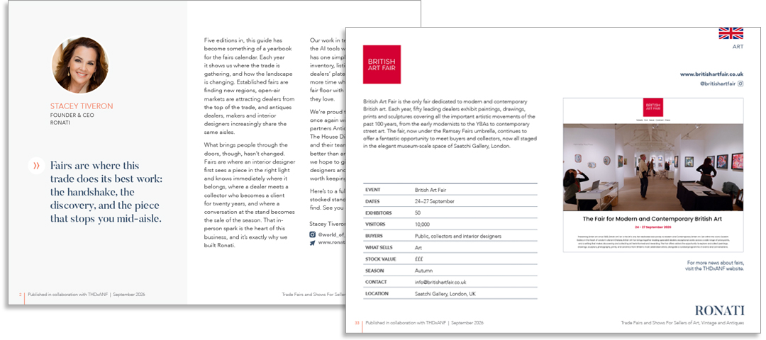 Pages from the Ronati Guide to Trade Fairs and Shows: Stacey Tiveron's introduction and the British Art Fair listing.