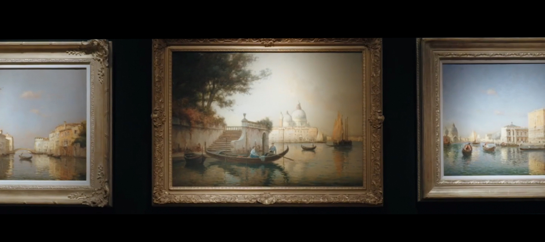 Three gilt-framed paintings of Venice, the center work showing gondolas on the Grand Canal before the domes of Santa Maria della Salute