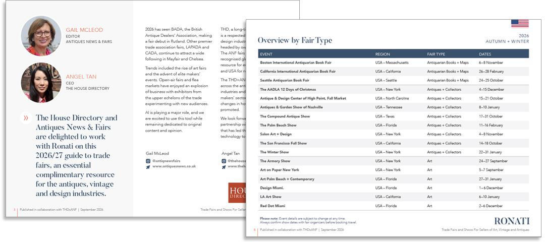 Pages from the Ronati Guide to Trade Fairs and Shows: introduction by Gail McLeod and Angel Tan, and a table of US fairs by type.